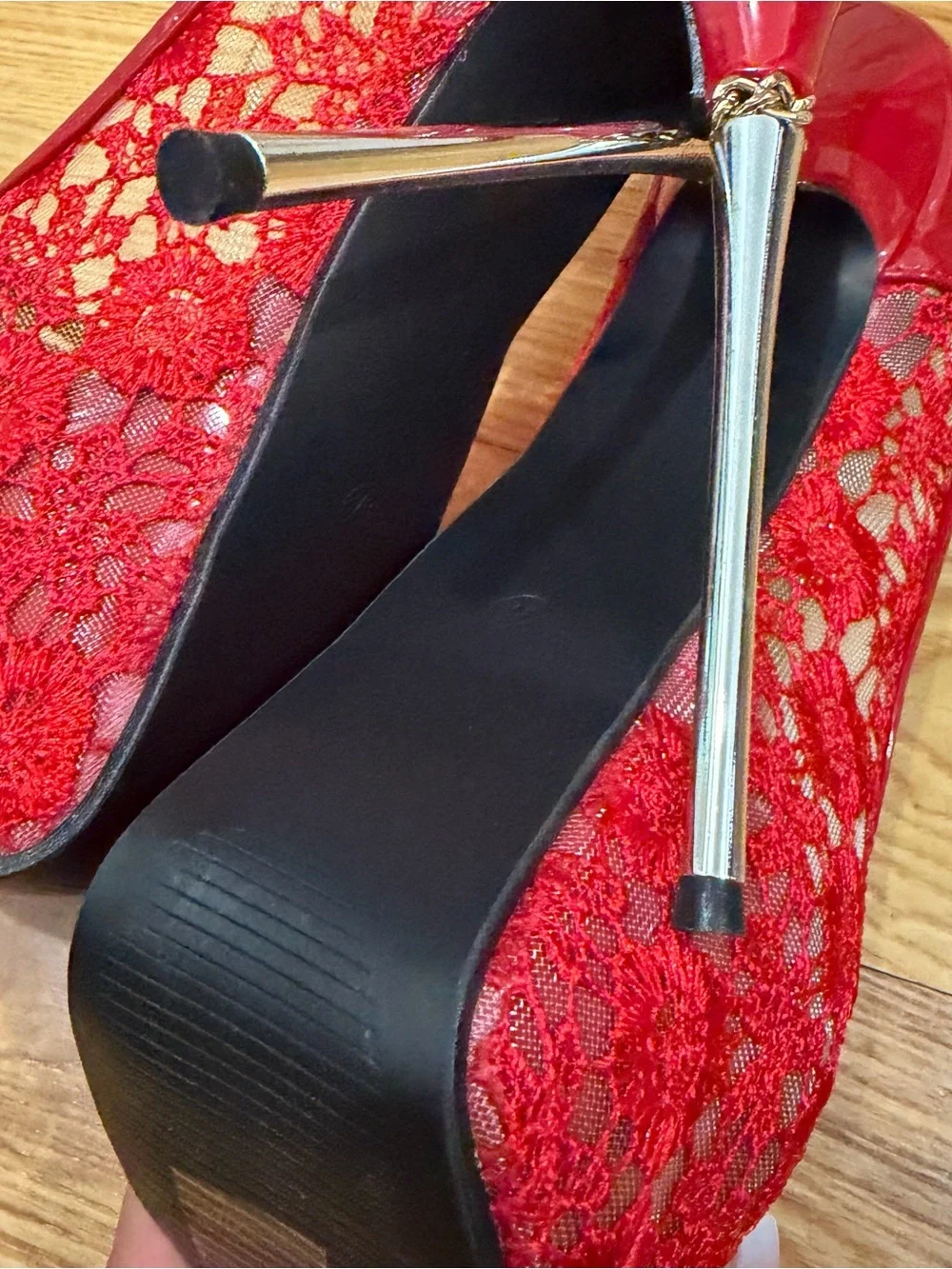 Red Lace Platform Peep-Toe Stiletto Heels with Gold Metal Heel